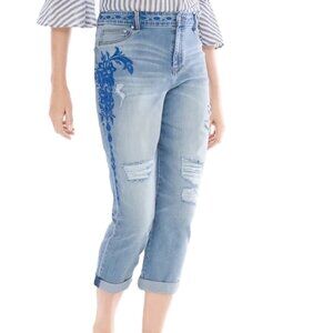Chico’s The Platinum Crop Girlfriend Embroidered Jean size 3